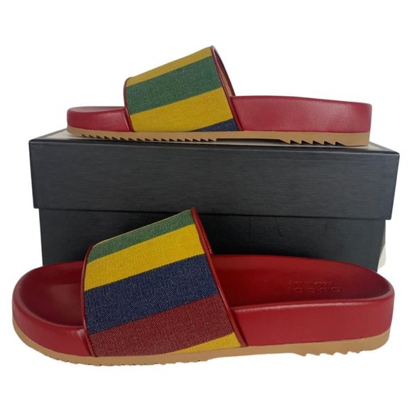 Gucci Men's Red Multi Baiadera Slides Canvas Striped Sandals DM32 - Picture 1 of 14